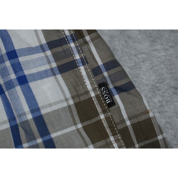Boss Hugo Boss Dress Shirt Mens Size XL Regular Fit Brown Blue Plaids Cotton - Picture 5 of 7